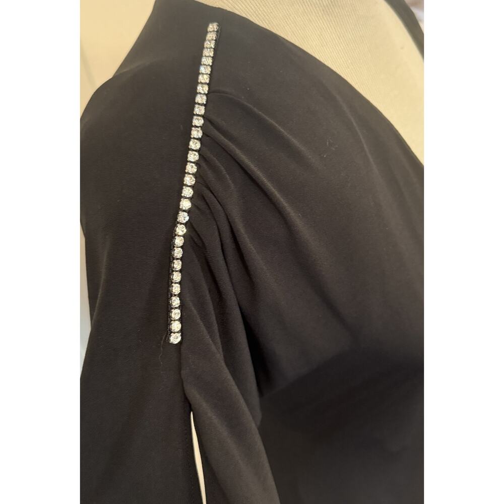 J Peterman Cocktail Dress LBD Sz 6 Black Ruched Rhinestones Ruffle Button Detail - Picture 2 of 16